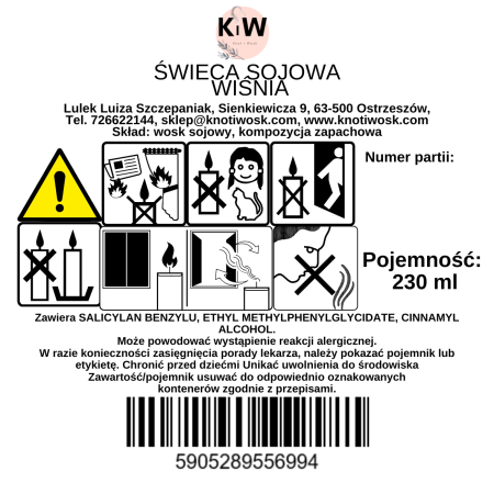 Świeca sojowa ozdobna zapach wiśni 230 ml ręcznie wykonana