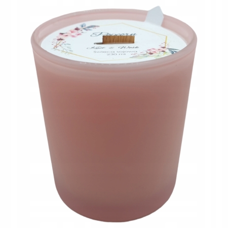 Świeca Sojowa różowy mat ręcznie robiona drewniany knot 230ml Popcorn toffi